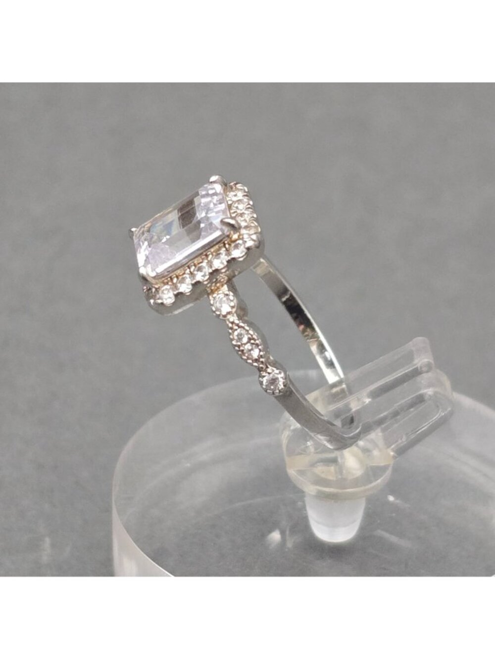 Emerald Cut Halo CZ Statement Ring Sterling Silver Prong Set Size 7.5 Cocktail - Picture 2 of 14